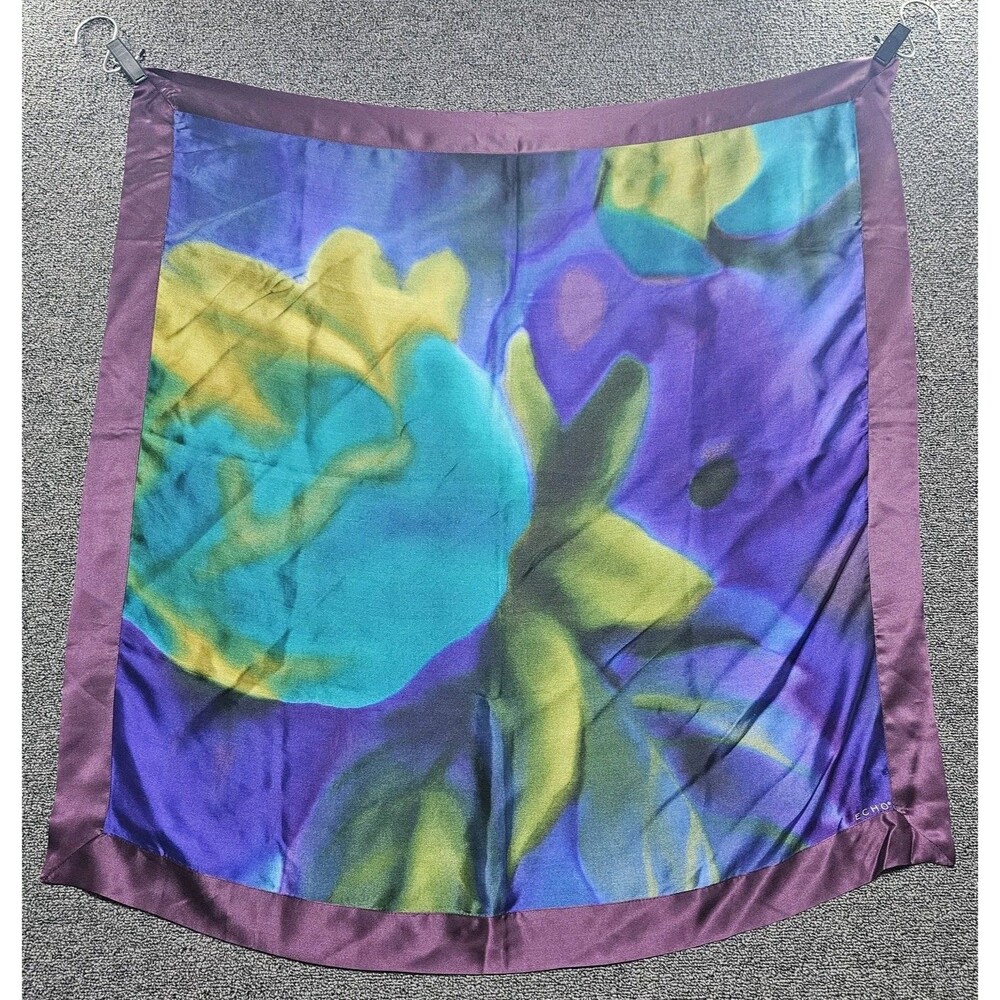 Echo Purple & Green Silk Scarf Floral Print Square Boho Gypsy Classic Artsy